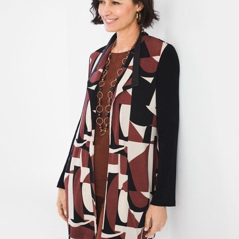Chico’s Travelers Geo Faux Leather Trim open Jacket .